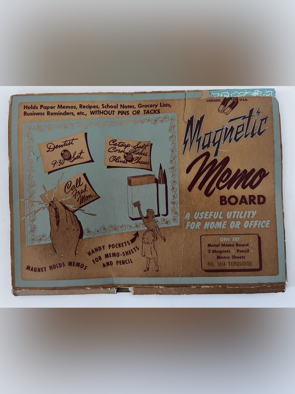Vintage 1950s MCM Turquoise Metal Magnetic Memo Board Retro Wall Decor Unused